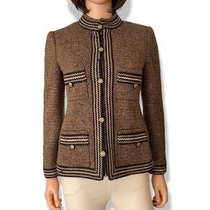 Vintage Bass Couture Paris Tweed Blazer Jacket Braided Trim Gold Button